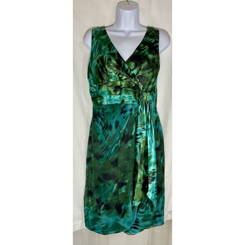 Signature by Robbie Bee 100% Silk Green Abstract Faux-Wrap Dress - Size 8P